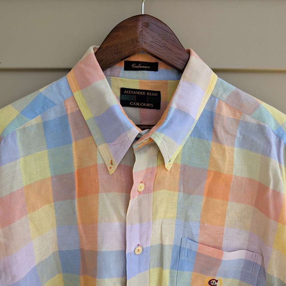 Alexander‎ Julian Colours Shirt Mens XL Multicolor Pastel Plaid Linen Blend